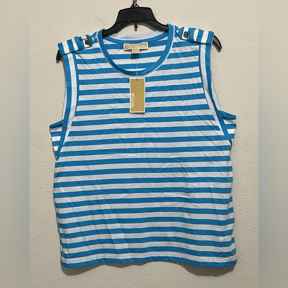 Michael Kors Women's Blouse Large Blue Sleeveless Stripe Button Top Shirt-NWT